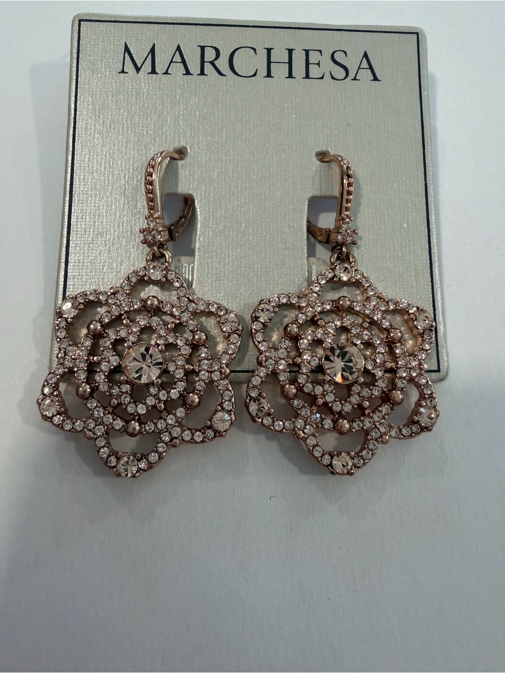 MARCHESA Rose Gold Crystal Floral Drop Earrings